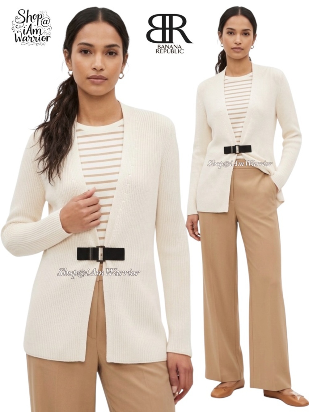 Banana Republic ivory faux leather waist clasp cardigan sweater *shop@iamwarrior